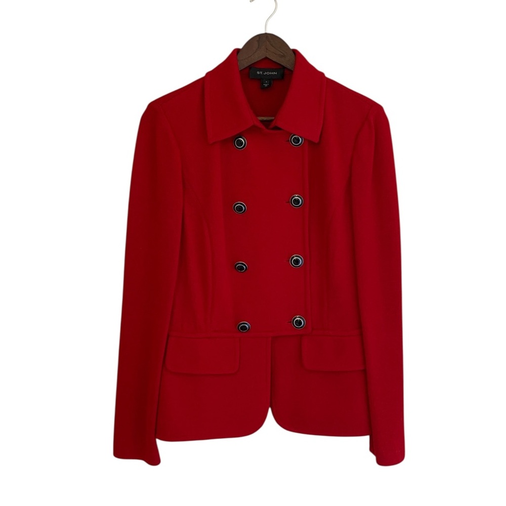 St John double breasted red knit blazer size 6 stretch work career office mature